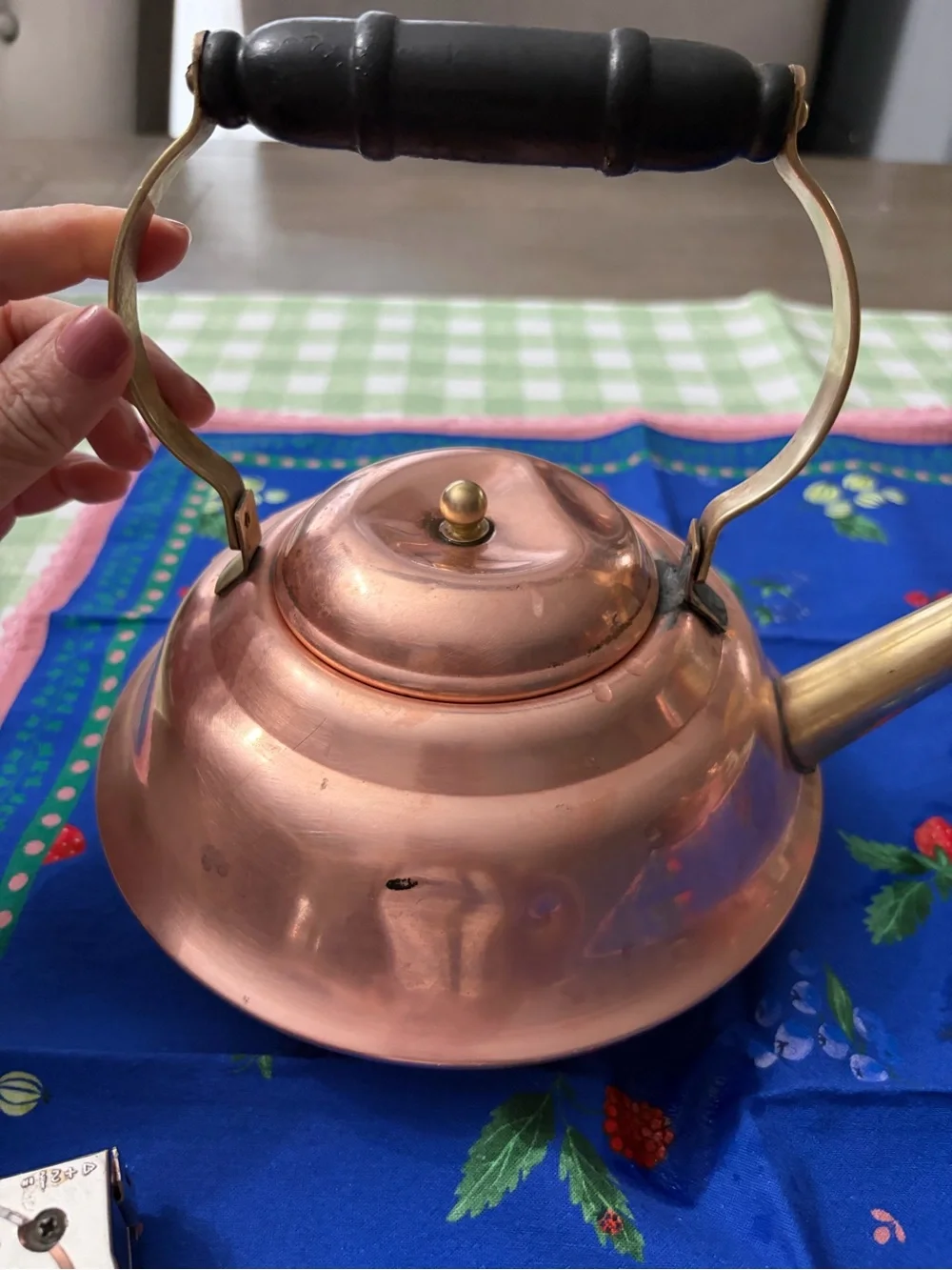 Copper Teakettle with Brass Spout and Black Handle decoration